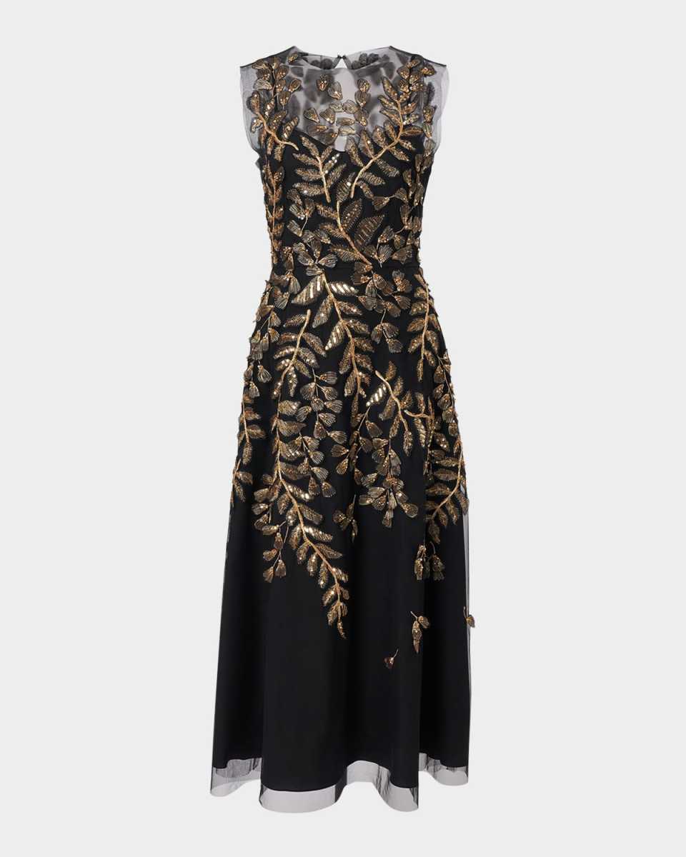 Gold Leaf-Embroidered Tulle Sleeveless Midi Dress